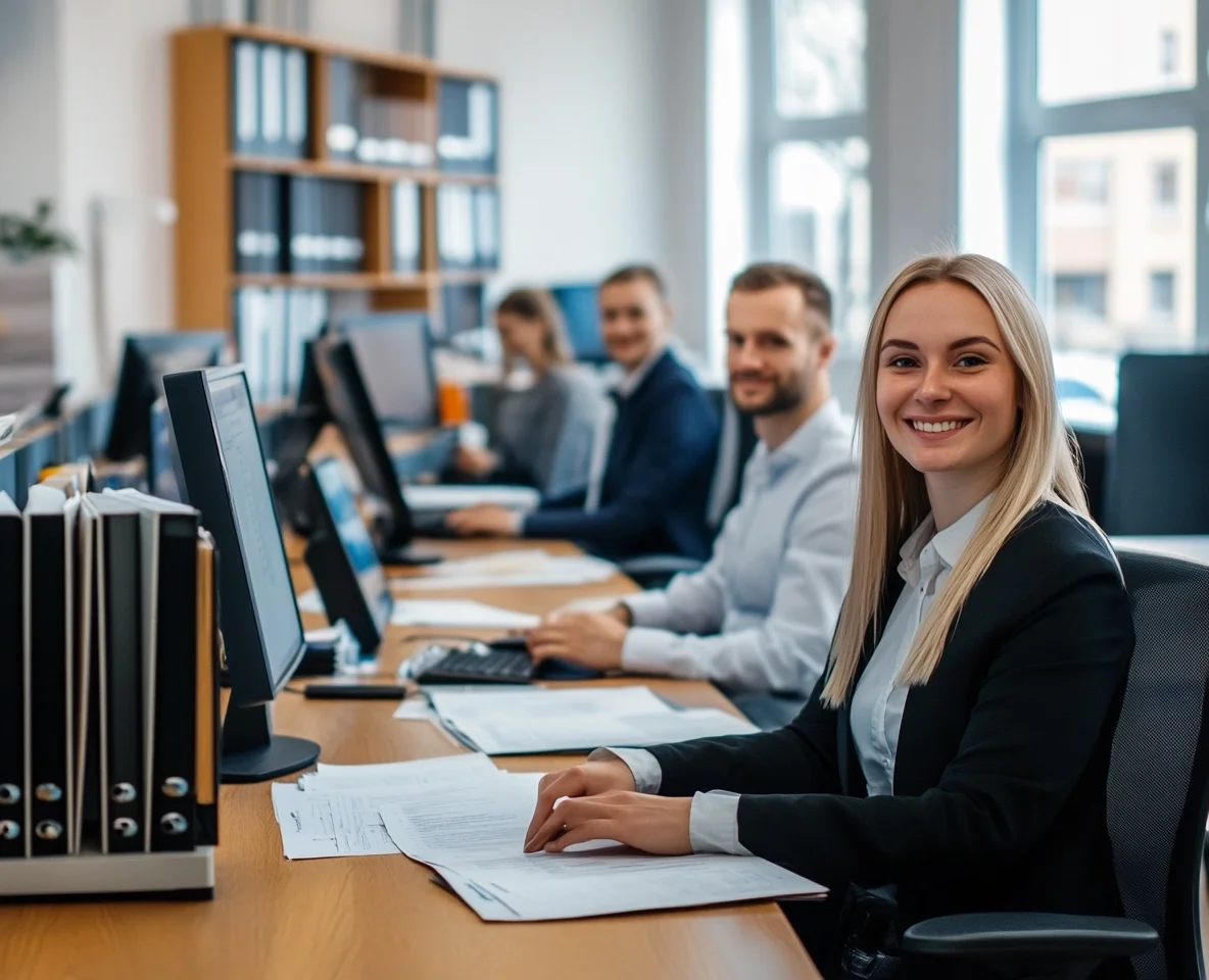 Zespół pracowników Biura Rachunkowego Bylica w Bielsku-Białej siedzący przy biurkach w trakcie pracy